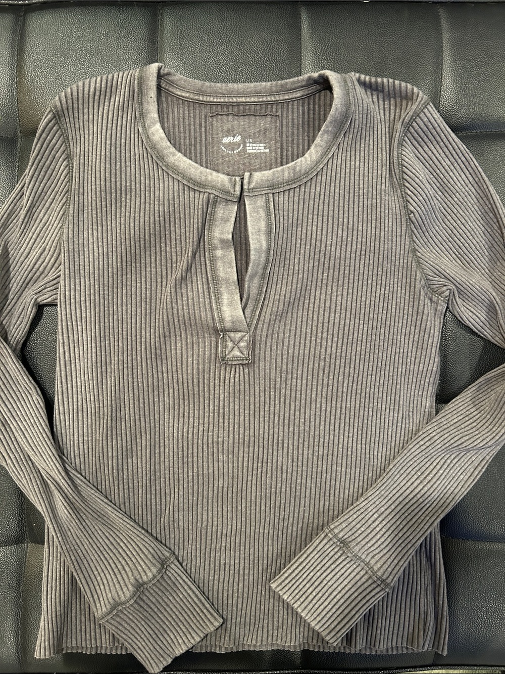 aerie Ribbed Snap-Front Long Sleeve Top - Gray